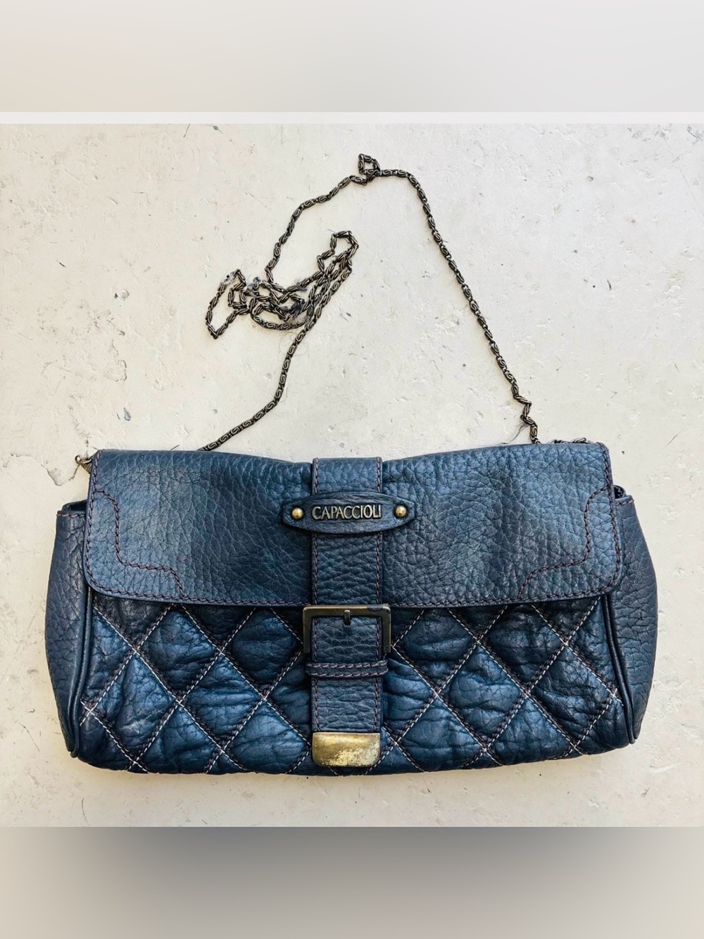 Capaccioli Italian Black Quilted Leather Chain Crossbody Shoulder Bag